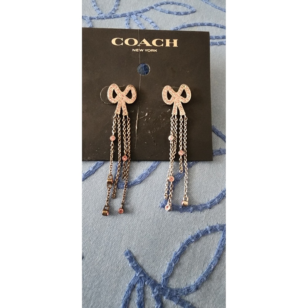 Coach Bow Linear Drop Earrings Pink‎ Crystal Silver Tone Dangle 335856C048 New